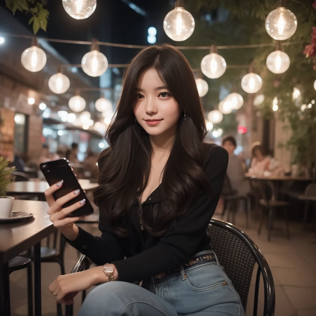 A beautiful woman aged 20 years, long hair, black, full body, use , jacket levis, Wear casual clothes, was sitting on a cafe chair, holding an iPhone, decorated with cafe lights, looking forward, faint smile, cafe courtyard background, in the evening, very detailed 8k