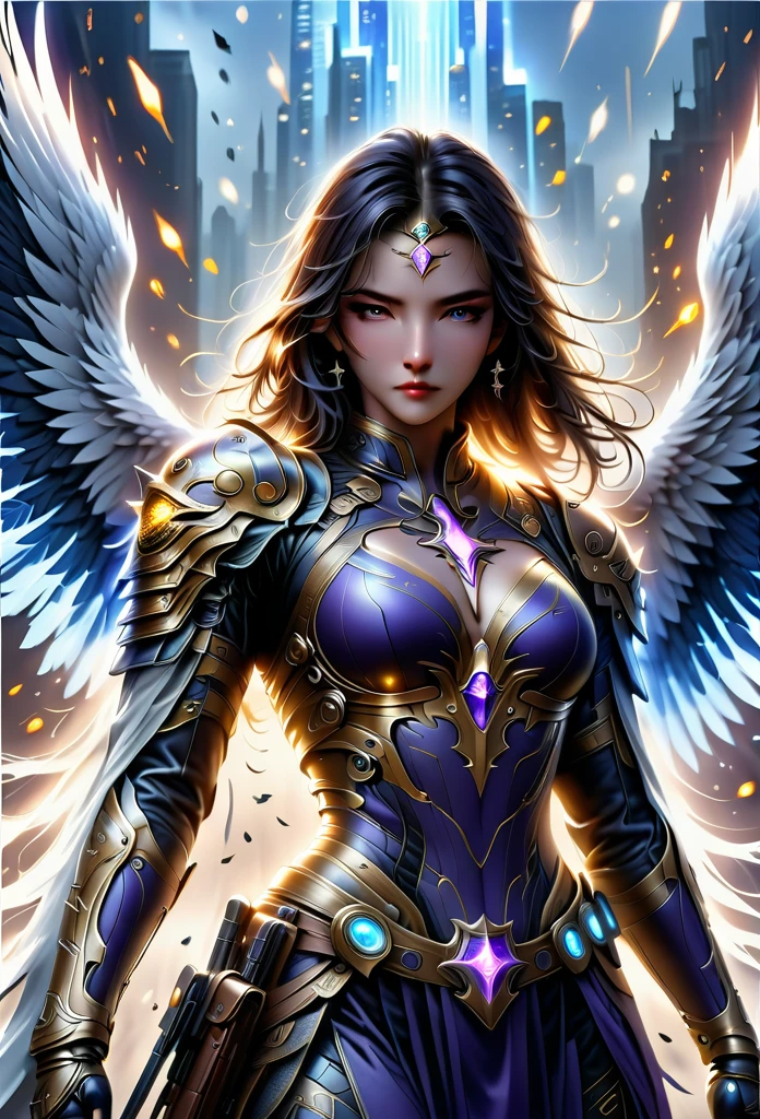 Eagle Falcon Warrior,Eagle head mask,eagle eye,Eagle's Beak, An eagle warrior with an eagle falcon face and wings stands in front of the city of darkness,Close-up of falcon,Huge wings glittering, Beautiful and elegant Falcon King,((best quality)), ((masterpiece)), (high detail:1.3), 3d, Machine gun in hand,(cyberpunk characters:1.2) special operations, ,(armed:1.1), Bulletproof vest, raincoat, number (Camouflage: 1.3), high dynamic range(high dynamic range), Ray tracing, nvidia RTX, ultra high resolution, Unreal 5, subsurface scattering, PBR texture, Post-processing, Anisotropic filtering, depth of field, Maximum clarity and sharpness for any layer texture、Albedo and reflection maps、surface coloring、Accurately simulate the interaction of light with materials、ideal proportions、Render by Octane、Dual color lighting、Large aperture、Low ISO、white balance、rule of thirds、8K raw data、Effective subpixel、sub-pixel convolution、 epic fantasy art, and Mumford Tom Bagshaw., Ominous fantasy illustration, Diablo Number concept art, Lei Zhenzi is on the dedication list, The head is a falcon, Purple skin under the armor, Thunder Demon, epic fantasy art style, Purple skin under the armor, Detailed number 2D fantasy art, epic fantasy art style HD, 8K fantasy art, King of Birds