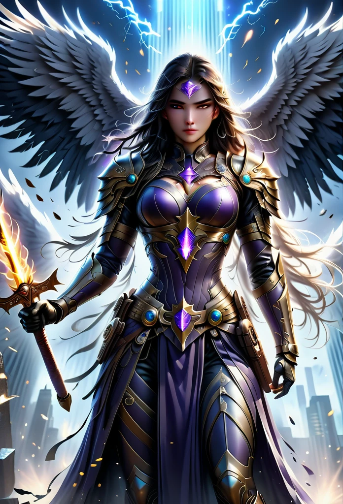 Eagle Falcon Warrior,Eagle head mask,eagle eye,Eagle's Beak, An eagle warrior with an eagle falcon face and wings stands in front of the city of darkness,Close-up of falcon,Huge wings glittering, Beautiful and elegant Falcon King,((best quality)), ((masterpiece)), (high detail:1.3), 3d, Machine gun in hand,(cyberpunk characters:1.2) special operations, ,(armed:1.1), Bulletproof vest, raincoat, number (Camouflage: 1.3), high dynamic range(high dynamic range), Ray tracing, nvidia RTX, ultra high resolution, Unreal 5, subsurface scattering, PBR texture, Post-processing, Anisotropic filtering, depth of field, Maximum clarity and sharpness for any layer texture、Albedo and reflection maps、surface coloring、Accurately simulate the interaction of light with materials、ideal proportions、Render by Octane、Dual color lighting、Large aperture、Low ISO、white balance、rule of thirds、8K raw data、Effective subpixel、sub-pixel convolution、 epic fantasy art, and Mumford Tom Bagshaw., Ominous fantasy illustration, Diablo Number concept art, Lei Zhenzi is on the dedication list, The head is a falcon, Purple skin under the armor, Thunder Demon, epic fantasy art style, Purple skin under the armor, Detailed number 2D fantasy art, epic fantasy art style HD, 8K fantasy art, King of Birds
