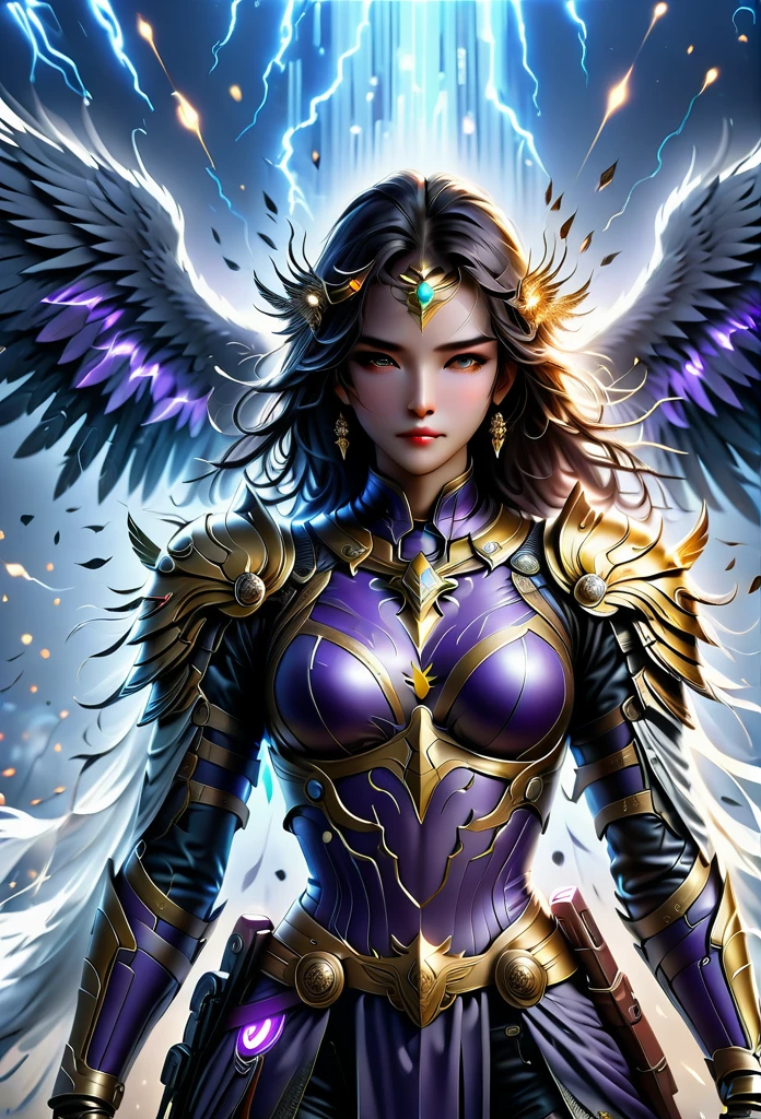 Eagle Falcon Warrior,Eagle head mask,eagle eye,Eagle's Beak, An eagle warrior with an eagle falcon face and wings stands in front of the city of darkness,Close-up of falcon,Huge wings glittering, Beautiful and elegant Falcon King,((best quality)), ((masterpiece)), (high detail:1.3), 3d, Machine gun in hand,(cyberpunk characters:1.2) special operations, ,(armed:1.1), Bulletproof vest, raincoat, number (Camouflage: 1.3), high dynamic range(high dynamic range), Ray tracing, nvidia RTX, ultra high resolution, Unreal 5, subsurface scattering, PBR texture, Post-processing, Anisotropic filtering, depth of field, Maximum clarity and sharpness for any layer texture、Albedo and reflection maps、surface coloring、Accurately simulate the interaction of light with materials、ideal proportions、Render by Octane、Dual color lighting、Large aperture、Low ISO、white balance、rule of thirds、8K raw data、Effective subpixel、sub-pixel convolution、 epic fantasy art, and Mumford Tom Bagshaw., Ominous fantasy illustration, Diablo Number concept art, Lei Zhenzi is on the dedication list, The head is a falcon, Purple skin under the armor, Thunder Demon, epic fantasy art style, Purple skin under the armor, Detailed number 2D fantasy art, epic fantasy art style HD, 8K fantasy art, King of Birds