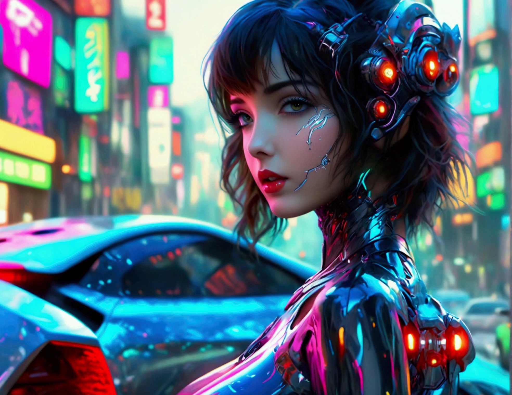 A cute woman, beautiful detailed eyes, beautiful detailed lips, extremely detailed face and skin, long eyelashes, wearing a sexy skin-tight bodysuit, a few cybernetic data-ports mar her skin, neon chrome color scheme, posing next to a matching cyber super car, future tokyo cityscape, (best quality,4k,8k,highres,masterpiece:1.2),ultra-detailed,(realistic,photorealistic,photo-realistic:1.37),concept art,cinematic lighting,vibrant colors,dynamic composition