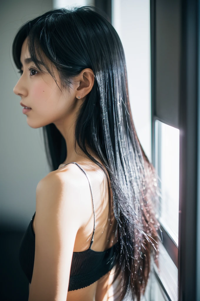 (masterpiece:1.3), (Photorealistic, Raw photo, Highest quality: 1.4), Skinny Japanese woman, 30 years old, (One Girl), (Back view), Not looking at me, Fine grain, (Black-haired, Long Hair:1.3), (Realistic Skin), (Silver Camisole), Ultra-high resolution, Surreal, High definition,