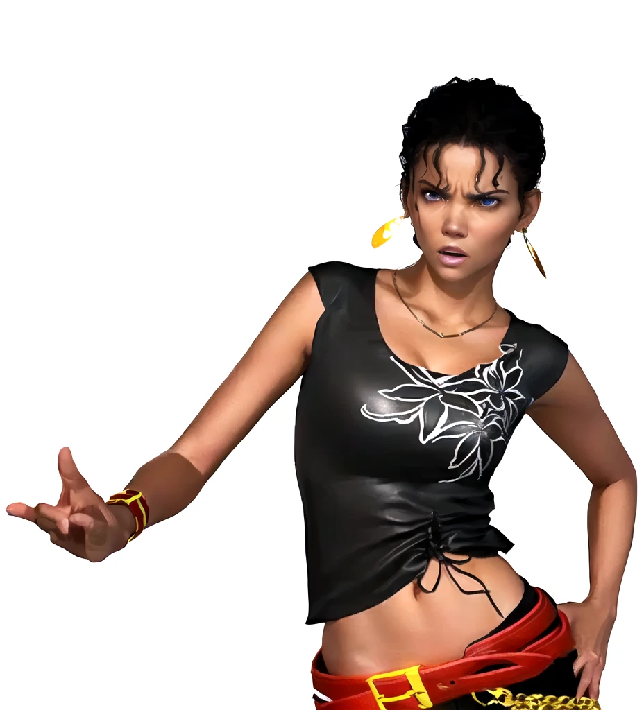 she's black, black hair, dark brown eyes, ((eyes turned to look at the camera)), swedish, as a character in Out Run 2, of SEGA, 3D CG from the 2000s, Holly, 2k, 2 k, ((angry face)), realistic, render of halle berry, fighting game character, from tekken, bright clean face, from devil may cry, wide open curious eyes,  black leather shirt with black and white flower art on it, simple golden necklace and earrings, left hand on the hips, red belt, red wristband, very frowny, angry expression, shouting