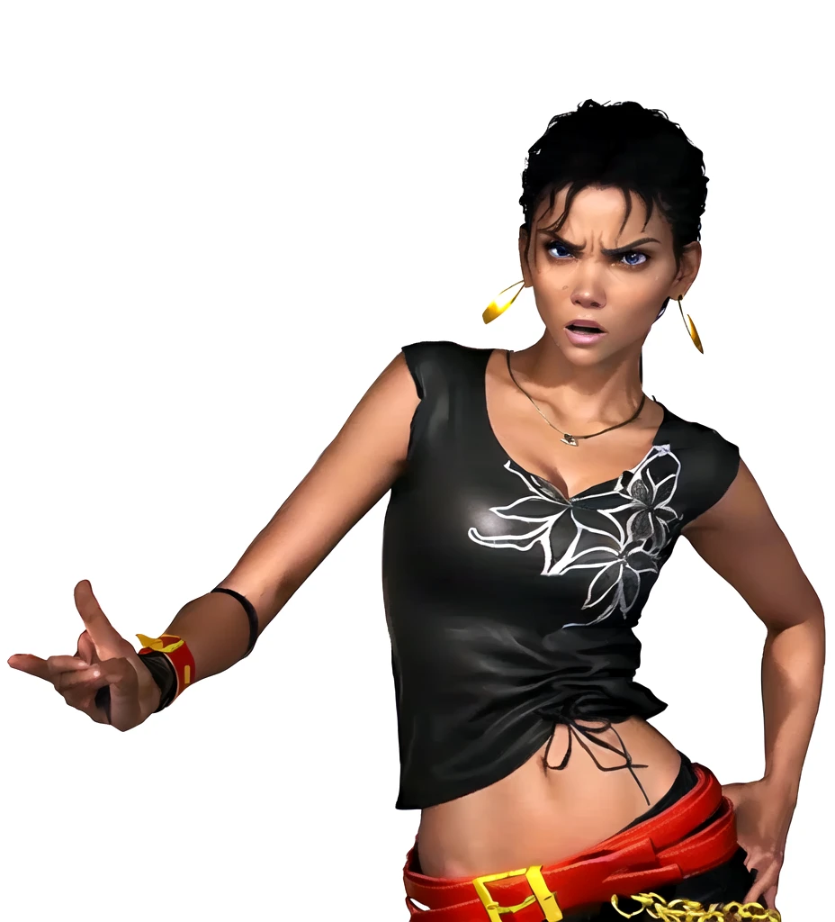 she's black, black hair, dark brown eyes, ((eyes turned to look at the camera)), swedish, as a character in Out Run 2, of SEGA, 3D CG from the 2000s, Holly, 2k, 2 k, ((angry face)), realistic, render of halle berry, fighting game character, from tekken, bright clean face, from devil may cry, wide open curious eyes,  black leather shirt with black and white flower art on it, simple golden necklace and earrings, left hand on the hips, red belt, red wristband, very frowny, angry expression, shouting