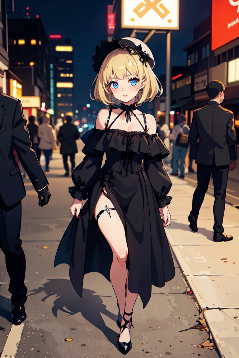 masterpiece, best quality, highly detailed background, perfect lighting, best quality, (extremely detailed face), volumetric lighting, intricate details, shadow, tonemapping, sharp focus, hyper detailed, trending on Artstation, (solo) ((Looking at the viewer)), ((city night background)) .Girl with medium blond hair. Blue eyes. curvy. Blush, Clear skin. Big bust. ((black, Goth, casual, clothes)) ((Gothic dressed)). Gothic shoes. ((Gothic makeup))