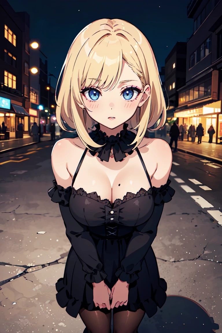 masterpiece, best quality, highly detailed background, perfect lighting, best quality, (extremely detailed face), volumetric lighting, intricate details, shadow, tonemapping, sharp focus, hyper detailed, trending on Artstation, (solo) ((Looking at the viewer)), ((city night background)) .Girl with medium blond hair.  Blue eyes. curvy. Blush, Clear skin.  Big bust. ((black, Goth, casual, clothes)) ((Gothic dressed)). Gothic shoes. ((Gothic makeup))