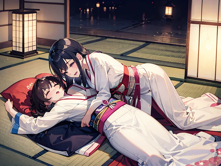 Two women hugging,Japanese clothing,Japanese-style room,Unbuttoned,I'm drunk,Midnight,Adult atmosphere,Change of clothes,Lying down