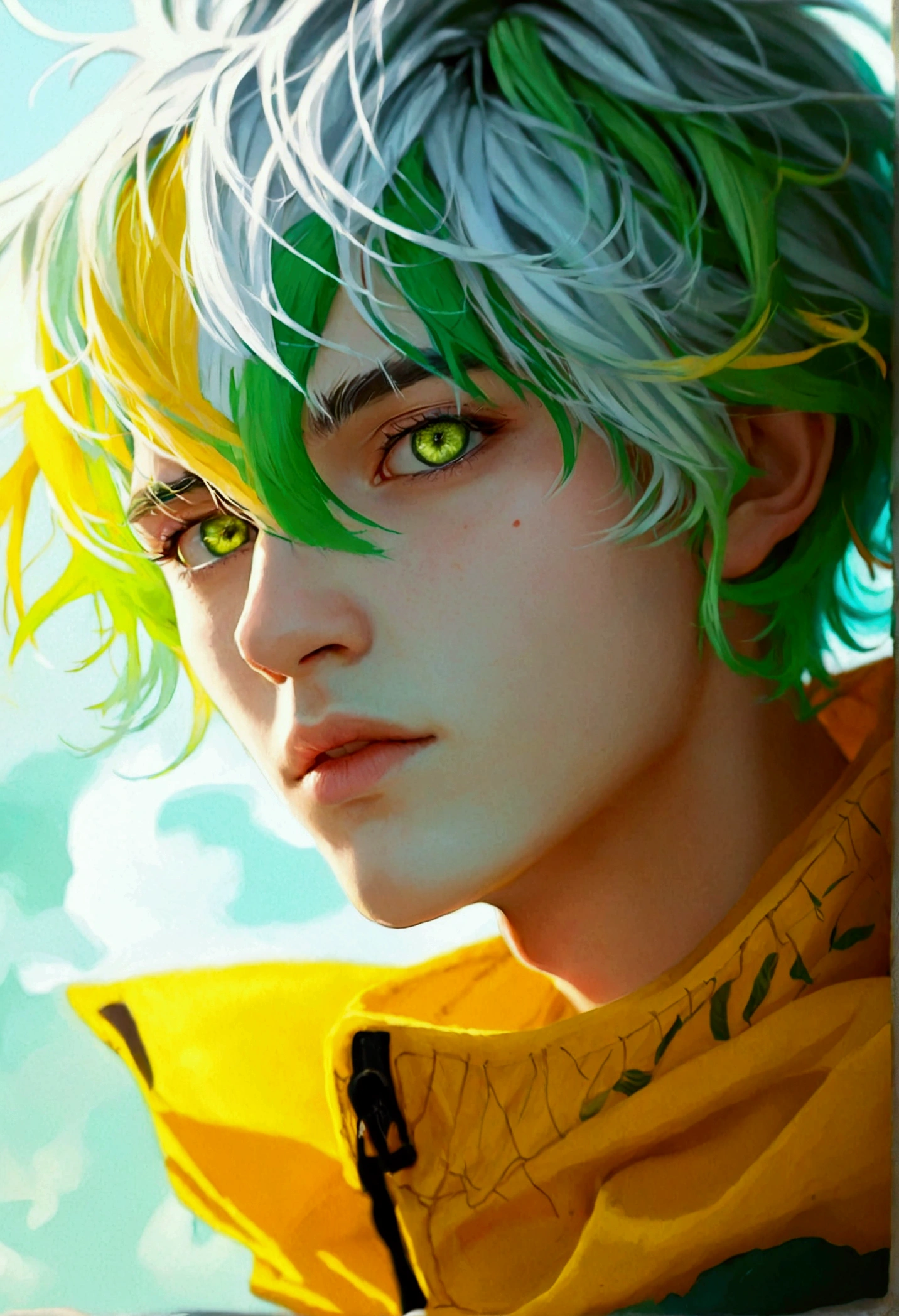 Beautiful youth,One man,A mix of pale blonde and pale green hair.,Yellow-green eyes,