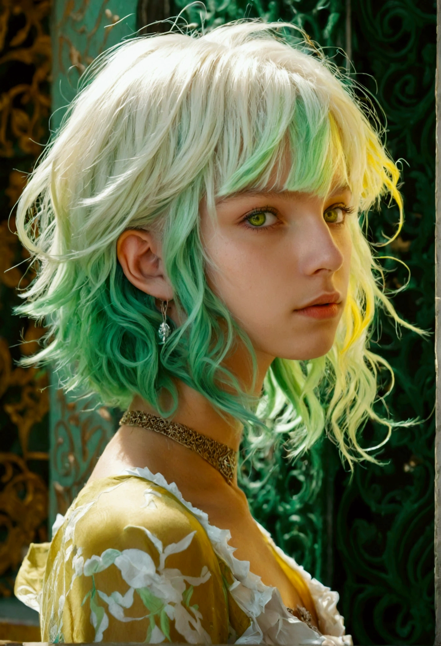 Beautiful youth,One man,A mix of pale blonde and pale green hair.,Yellow-green eyes,