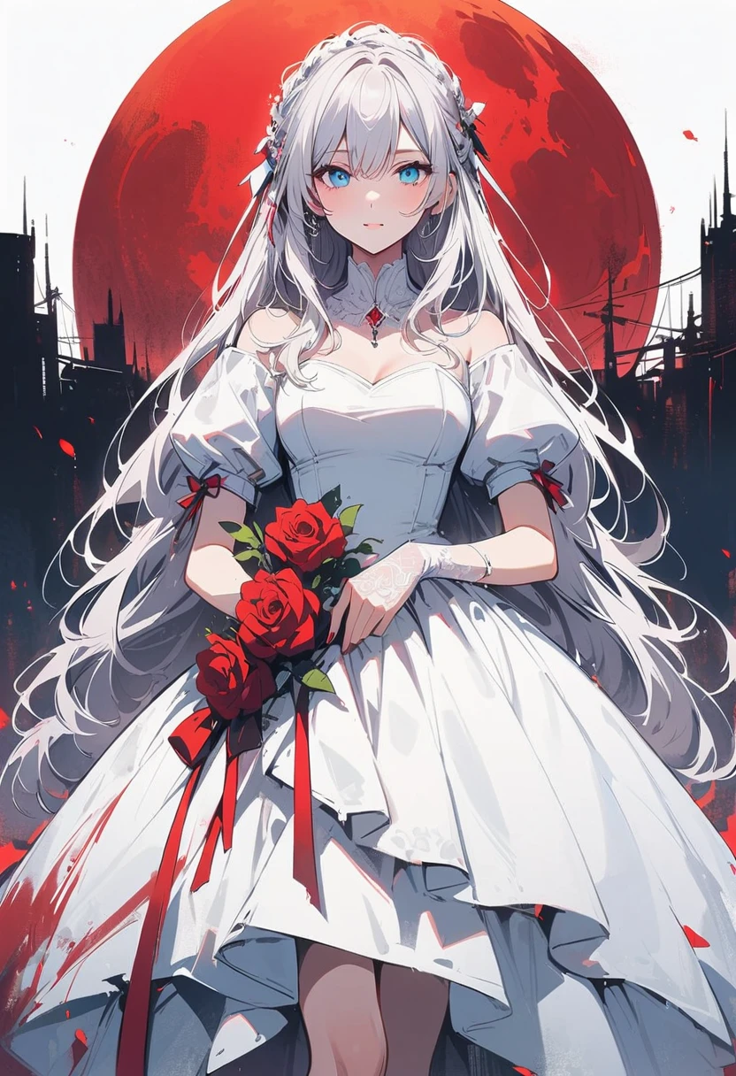 Pure white hair,Long hair,girl,Sky blue eyes,(Blood red moon:10),Wearing white clothes,Wedding dress,bride,There are thorns on the clothes,(Wearing red roses:5),(Knife in hand:5),Front view