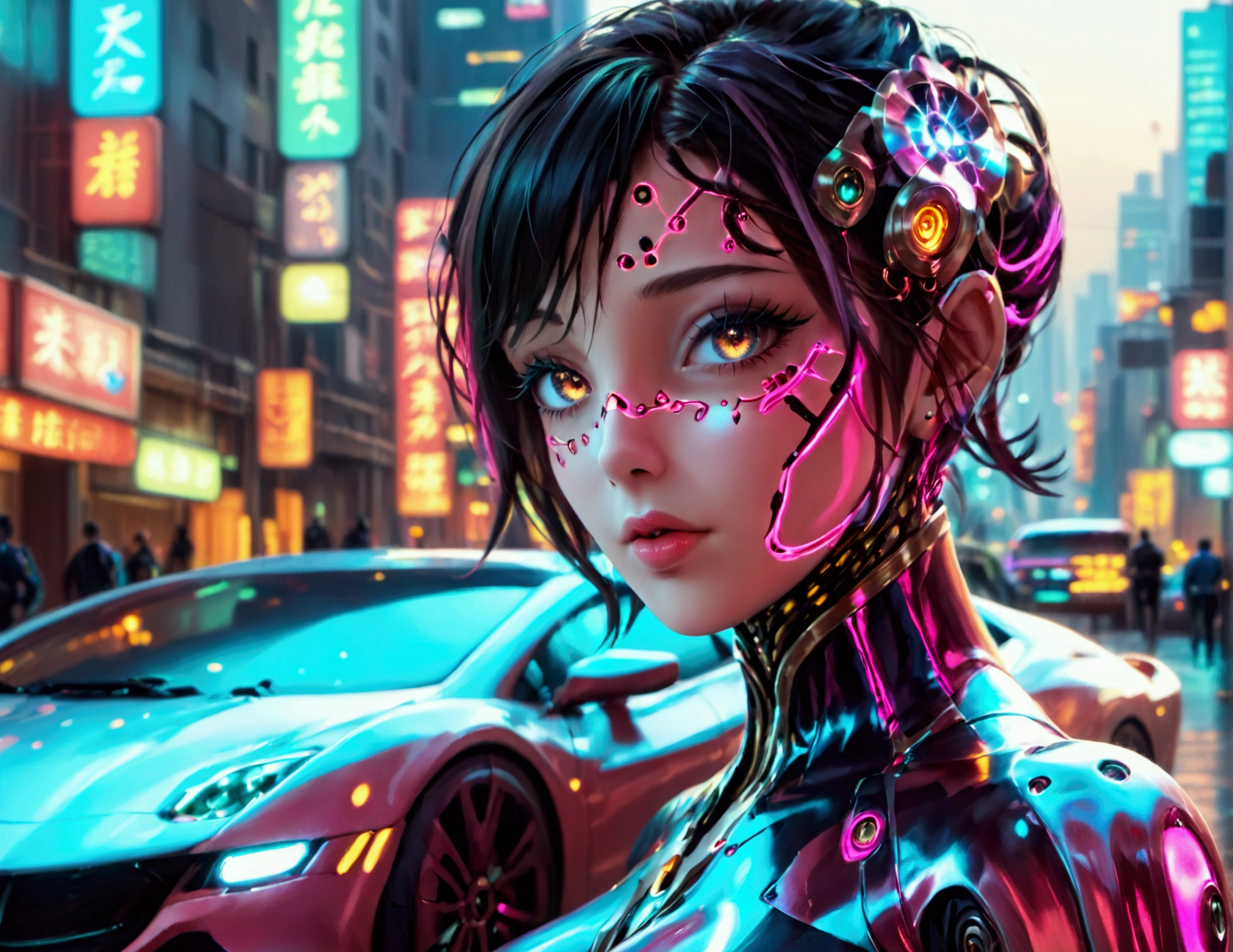 A cute woman, beautiful detailed eyes, beautiful detailed lips, extremely detailed face and skin, long eyelashes, wearing a sexy skin-tight bodysuit, a few cybernetic data-ports mar her skin, neon chrome color scheme, posing next to a matching cyber super car, future tokyo cityscape, (best quality,4k,8k,highres,masterpiece:1.2),ultra-detailed,(realistic,photorealistic,photo-realistic:1.37),concept art,cinematic lighting,vibrant colors,dynamic composition