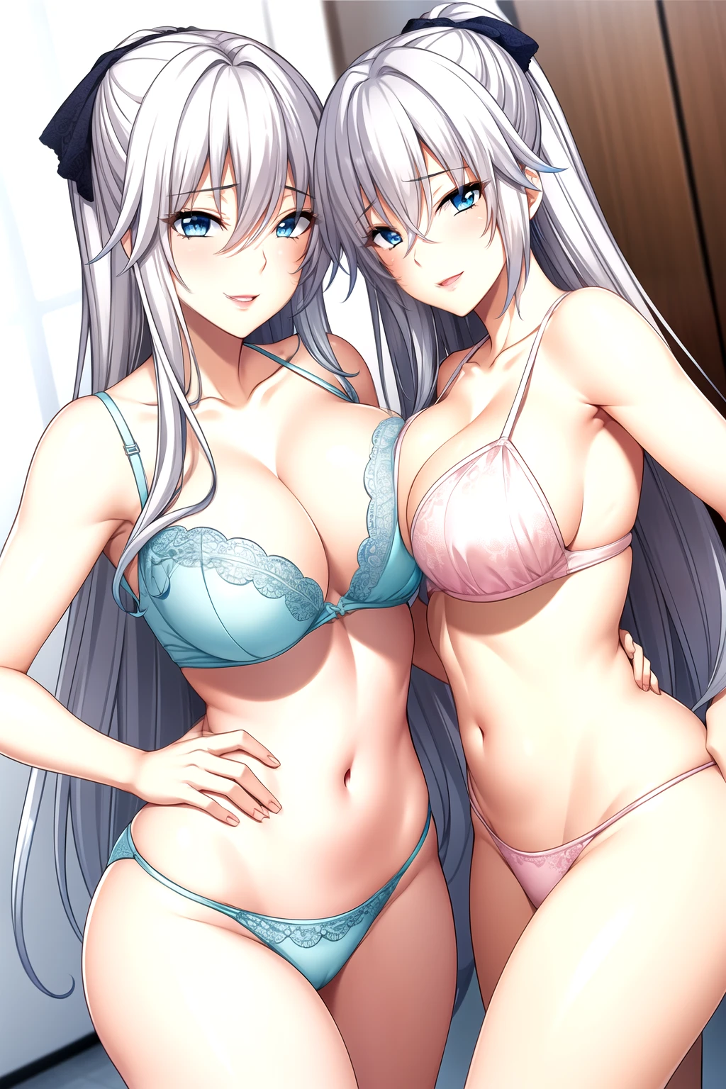 Mother and Daughter，Light滑的皮肤, light blue bra, light blue lace, light blue underwear,Full body pictures, White hair,blue Eye,Long hair, 1 girl, 25 years old,Young women,beautiful Finger,beautiful long legs,beautiful body,beautiful Nose,beautiful character design, perfect Eye, perfect Face,expressive Eye,Perfect balance, Looking at the audience,(Focus on her Face),Residence, (Innocent_Big goals_Eye:1.0),Light_Smile, Official Art,Very detailed CG unity 8k wallpaper, Perfect lighting,rich and colorful, bright_front_Face_Lighting,Light skin, (masterpiece:1.0),(the best_quality:1.0), Ultra-high resolution,4K,Very detailed, photography, 8K, Human Development Report, high resolution, absurdist:1.2, Kodak Portrait 400, Film Grain, Blurred background, Bokeh:1.2, Lens Light Halo, (Energetic_color:1.2),专业photography师, (beautiful,Chest:1.3 (beautiful_Face:1.5),(narrow_waist),Smile, Happy, light blue bra，Slim