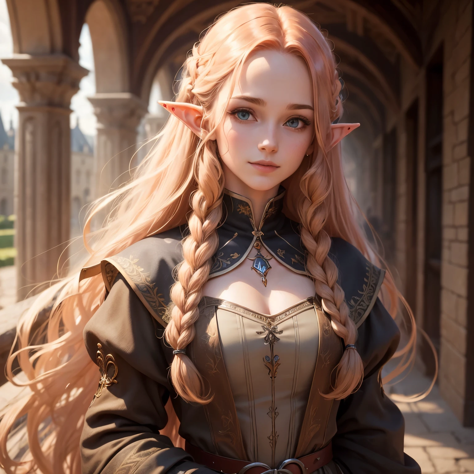 sup((best quality)), ((masterpiece)), (detailed), Prize-winning works, with incredible details, maximum textures and details, supHD ,8K,super resolution ,depth of field, retina, masterpiece, anatomically correct, textured skin, super detail, high details, highres ,an elf ,wearing medieval dress with lots of details1 Medieval female fantasy RPG elf,hair in the wind,very long light red hair wavy braid ,((hair,)),shy smile,similar to the work of JRR Tolkien,longCap ,fully body, hyper-detailed piercing eyes , (25 year old young man :1.1,detailedeyes, face detailed, whole body:1.1,the background is a magnificent castle similar to Castello de Chambord ),(best qualityer:1.2,ultra detali:1.1,realisitic:1.37) ,eyeshadows,sharp focus,swirly vibrant colors,)