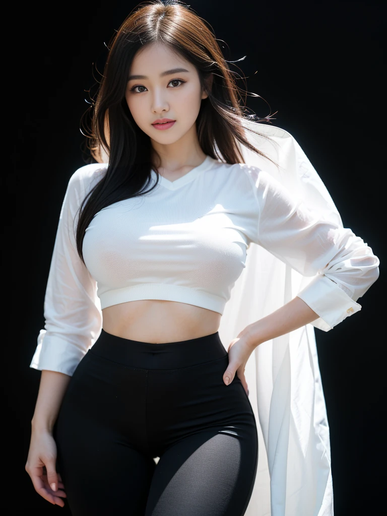 (highest image quality:1.35), high quality, Realistic photo, (A beautiful woman:1.33), beautiful expression, (delicate eyes:1.3), (delicate face:1.3 ), Smile, (slick hair:1.2), Super detailed , high resolution, athletic figure, (big breasts:1.25), (long hair:1.2), (beautiful woman), ( Cute navel:1.2), (Depth of field f/1.8:1.45 ), sharp focus, original photo , (Thin white shirt:1.45), (Thin black pants:1.4), (Thin tight bloack pants: 1.4 ), (Thick thighs:1.5), (Forward:1.25), (cowboy photo: 1.4), (Sports, black background :1.4 ), (black background:1.5 ),