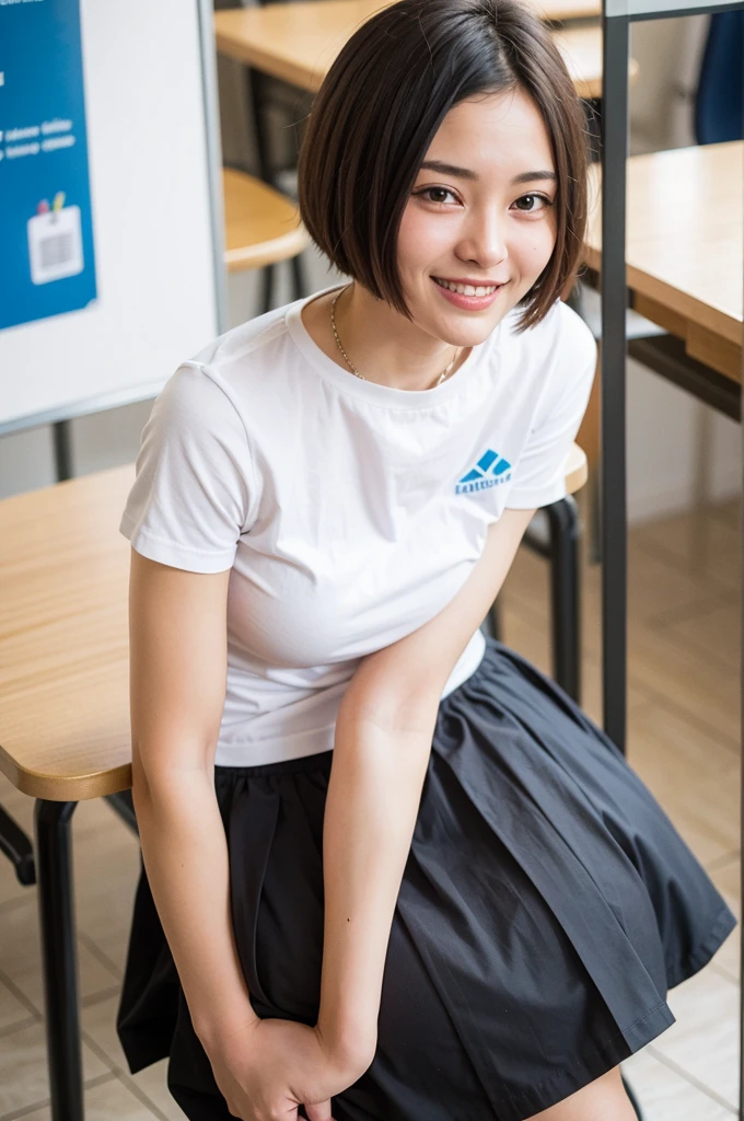 Top quality, 1 beautiful woman, super short Hair, , short sleeve, shy smile, at school