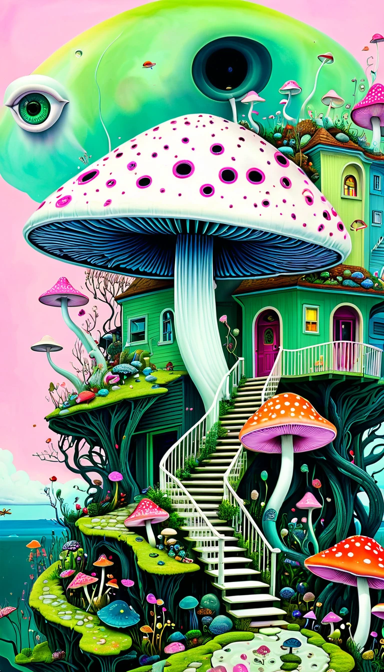 "Dick Ellescas Artist Style",Mushroom UFO,Tentacles瀑布。house、Stairs、fish,Tentacles,bird、Eye、diatom,Stitching together an abstract painting,Describing the inner world of autistic people,Sense of space,White Space,interesting,Innocence,Psychedelic Art,Pink theme,Green Background,Bold contrasts