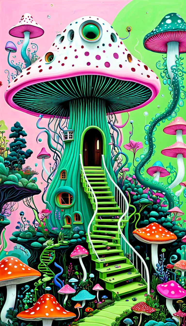 "Dick Ellescas Artist Style",Mushroom UFO,Tentacles瀑布。house、Stairs、fish,Tentacles,bird、Eye、diatom,Stitching together an abstract painting,Describing the inner world of autistic people,Sense of space,White Space,interesting,Innocence,Psychedelic Art,Pink theme,Green Background,Bold contrasts