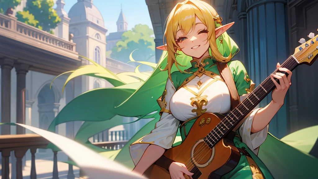 Thick thighs,Anime Style,A detailed background with many people,Magical World,A lively balcony with many people,Smiling bard beautiful elf girl,guitar,Large Breasts