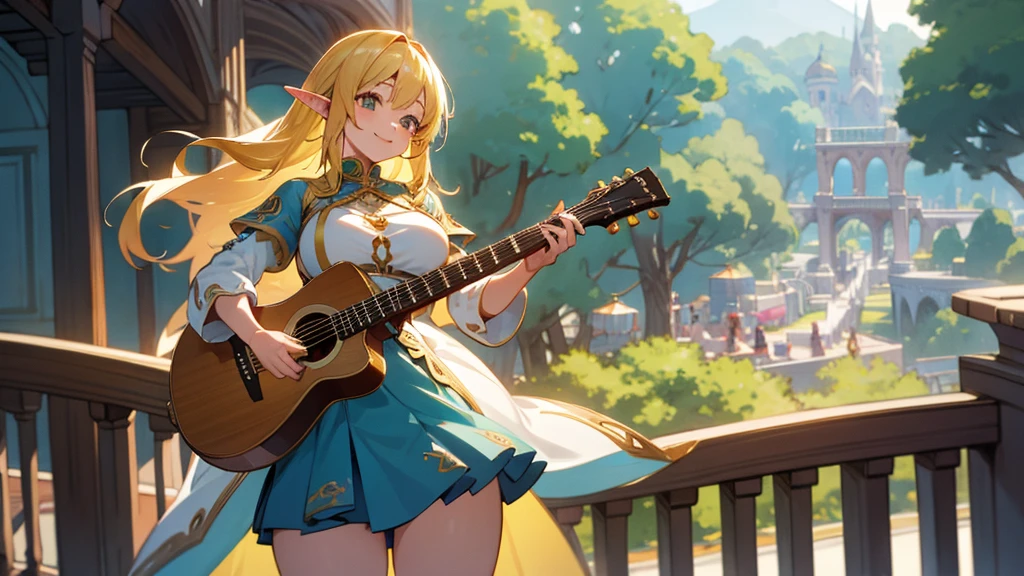 Thick thighs,Anime Style,A detailed background with many people,Magical World,A lively balcony with many people,Smiling bard beautiful elf girl,guitar,Large Breasts
