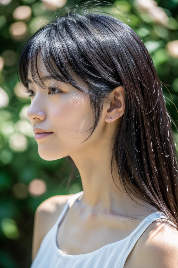 (masterpiece:1.3), (Photorealistic, Raw photo, Highest quality: 1.4), Skinny Japanese woman, 30 years old, (One Girl), (profile), ((The face is hidden by hair)), Not looking at me, Fine grain, (Black-haired, Long Hair:1.3), (Realistic Skin), (Silver Camisole), Ultra-high resolution, Surreal, High definition,