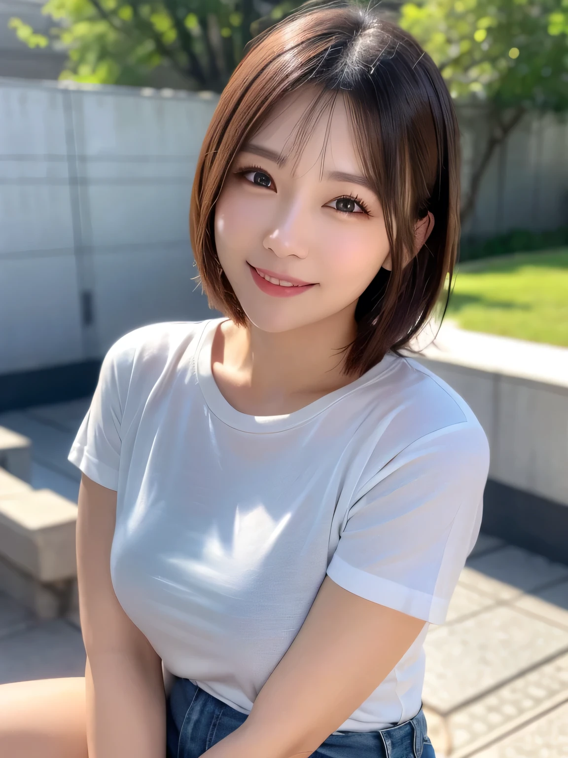 Very detailed CG Unity 8K 壁紙, Highest quality, Very detailed, masterpiece, Realistic, Realistic, Very detailed Japanese cute girls, (32 years), blush, Round eyes, Thick eyebrow chest,   High resolution raw color photos, Professional photos, Portrait of sexy girl、Anatomically correct body shape、Healthy body shape、Brown short hair、smile、T-Shirts、Write your hair、Front view、Show your side、Avoid the same pose、The whole body is shown、Female announcer、Mature Woman