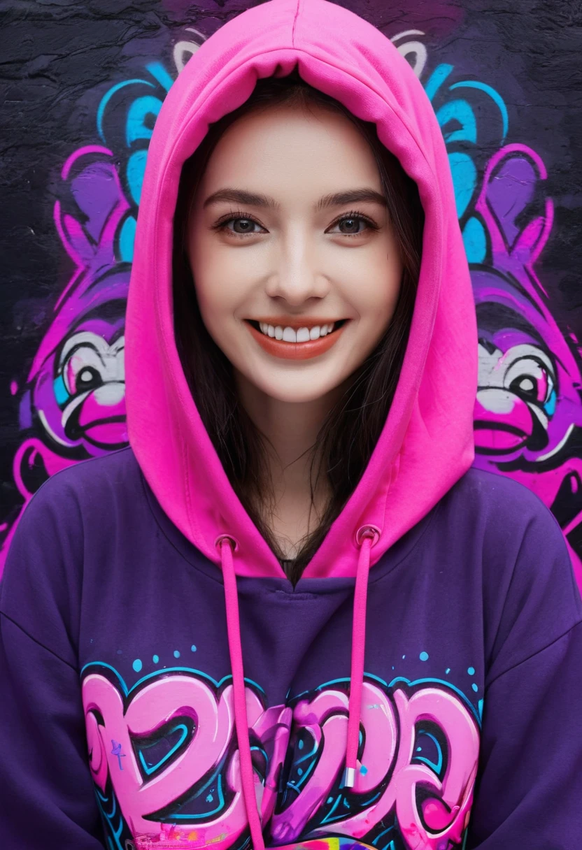 detailed background, masterpiece, best quality, smile, ornament, hood, portrait, neon pink, graffiti, dark, night, bright eyes, purple light