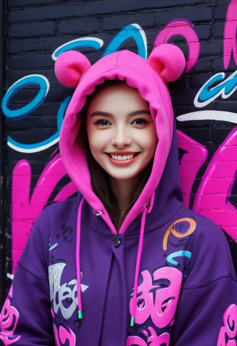 detailed background, masterpiece, best quality, smile, ornament, hood, portrait, neon pink, graffiti, dark, night, bright eyes, purple light