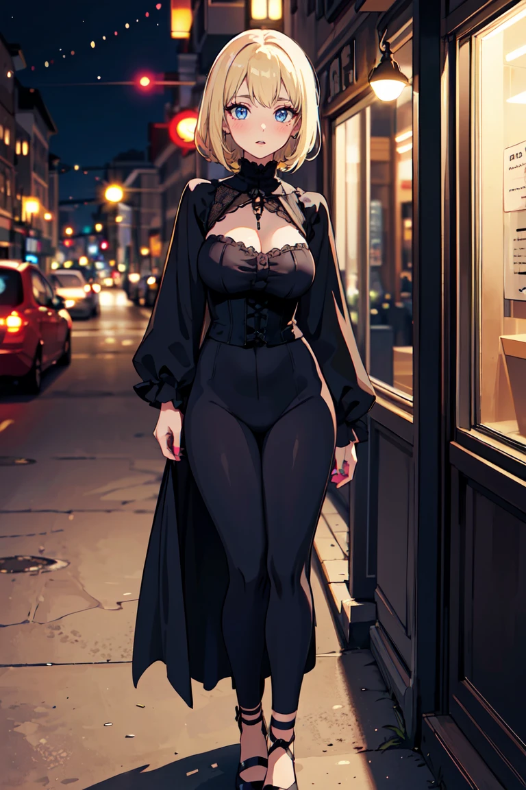 masterpiece, best quality, highly detailed background, perfect lighting, best quality, (extremely detailed face), volumetric lighting, intricate details, shadow, tonemapping, sharp focus, hyper detailed, trending on Artstation, (solo) ((Looking at the viewer)), ((city night background)) .Girl with medium blond hair.  Blue eyes. curvy. Blush, Clear skin.  Big bust. ((black, Goth, casual, clothes)) ((Gothic dressed)). Gothic shoes. ((Gothic makeup))