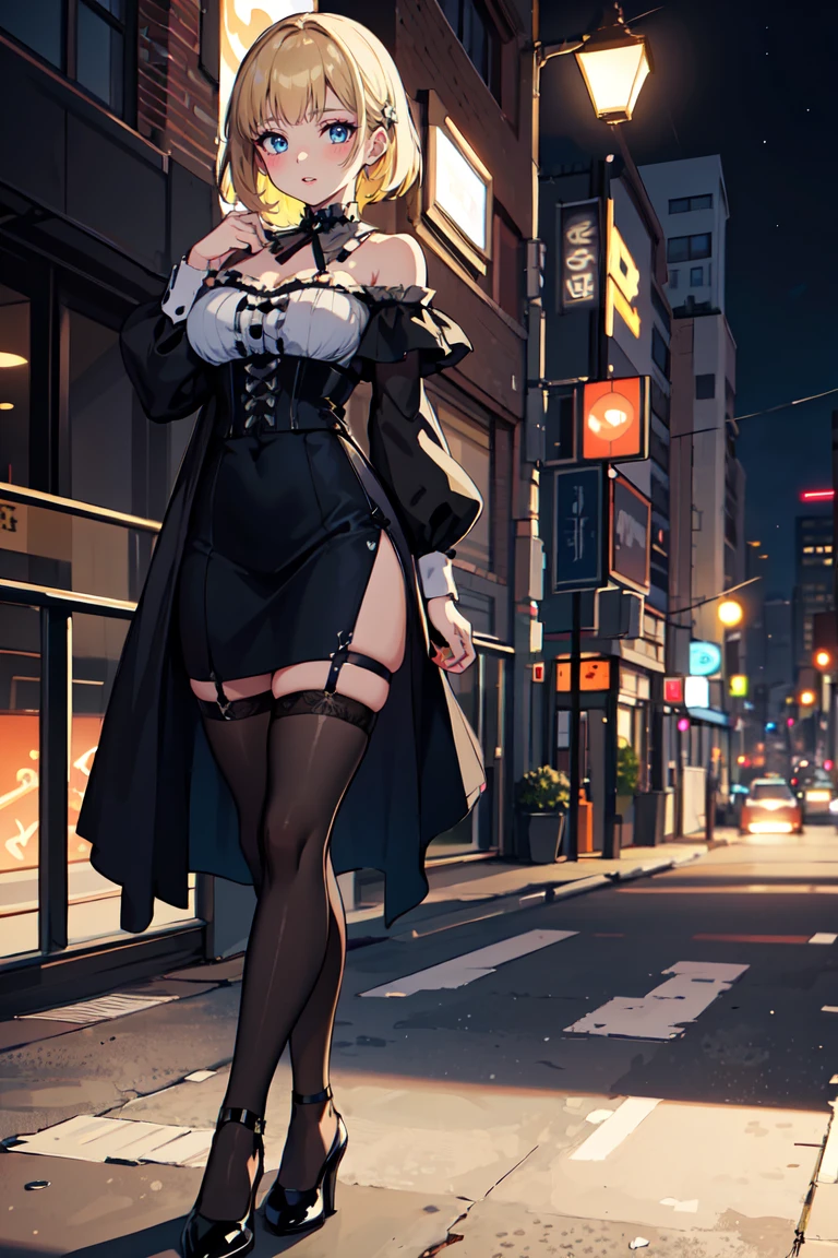 1 girl, Chiori \(genshin impact\), Alone, choker:1.6, White long sleeve shirt with long sleeve collar, black leather corset, black gloves that cover your hands, shiny black leggings, glasses, looking at the viewer,, inside, depth of field, expressionless, alley, at night