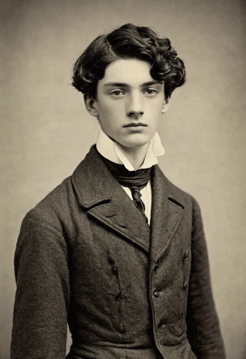 A thin lowborn young man from the victorian age. He is tall. He is 19 years old. He looks nervous and is average looking. He has short black hair that’s kept in a sidepart, but his hair is also slightly curly on the ends. He is thin and his skin is pale. He is dressed in a winter suit.