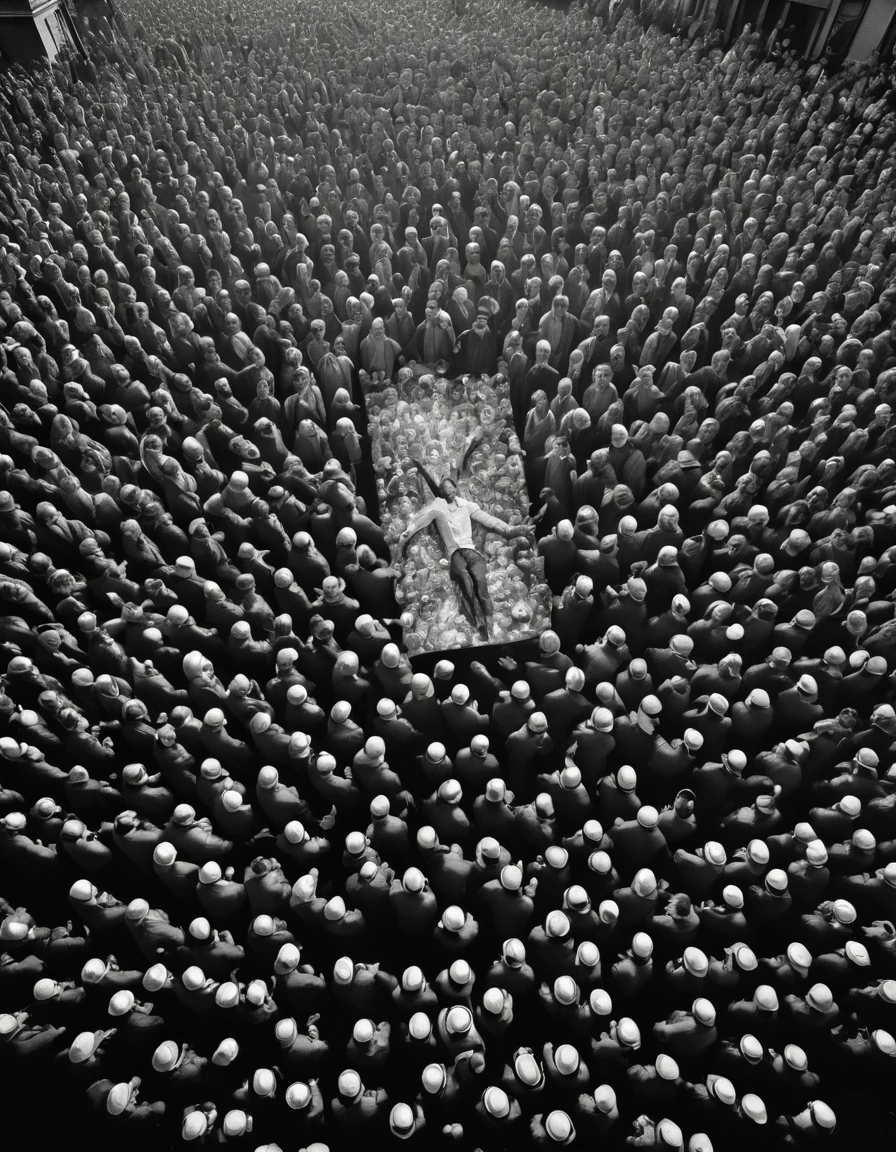 Create a photojournalism style image of a large crowd seen from above, with one man in the spotlight, levitating from the middle of the crowd, and glowing brightly, featuring (((intricate details))), (((best quality))), (((extremely detailed quality))), and (((complex composition)))." | Related artists: Henri Cartier-Bresson, Robert Capa, Dorothea Lange