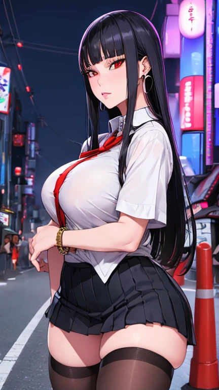 a person in a posing in front with a large white bag on their lap, jewelry, skirt, shirt, breasts, red eyes, bangs, black hair, long hair, large breasts, white shirt, earrings, pleated skirt, black skirt, 1girl, looking at viewer, bracelet, collared shirt, thighs, piercing, blunt bangs, outdoors(,(,Outdoor,Tokyo,Kabukicho,night:1.5),, (heavy chest:1.1, ), huge breasts), (heavy chest:1.1, ), (,standing:1.1, ),, Thigh gap、
