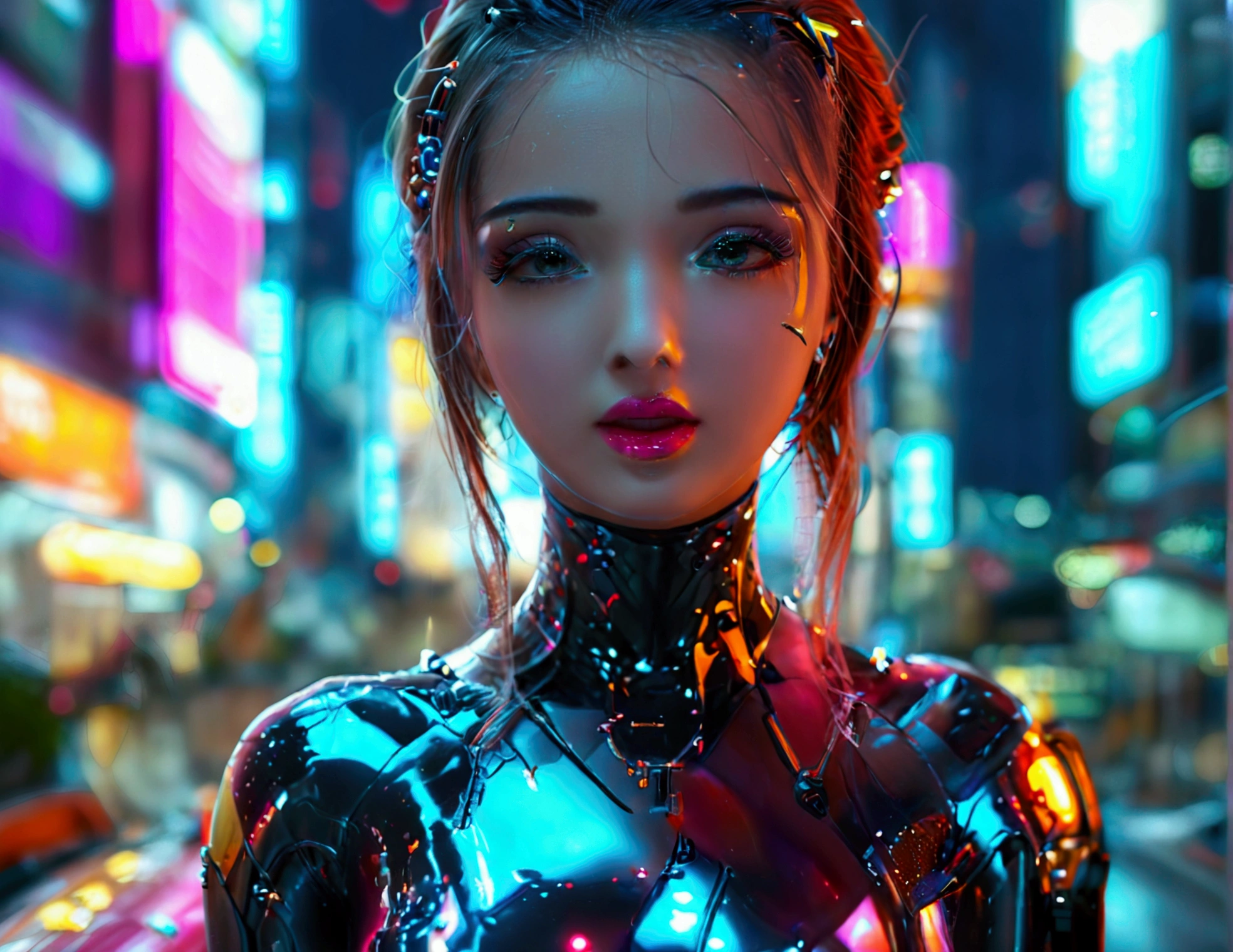 A cute woman, beautiful detailed eyes, beautiful detailed lips, extremely detailed face and skin, long eyelashes, wearing a sexy skin-tight bodysuit, a few cybernetic data-ports mar her skin, neon chrome color scheme, posing next to a matching cyber super car, future tokyo cityscape, (best quality,4k,8k,highres,masterpiece:1.2),ultra-detailed,(realistic,photorealistic,photo-realistic:1.37),concept art,cinematic lighting,vibrant colors,dynamic composition
