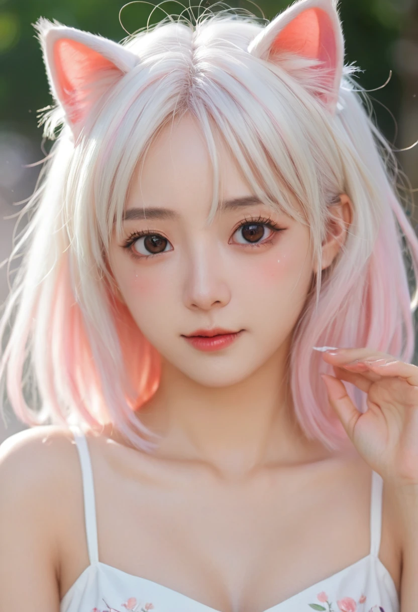Anime girl with a pair of cat ears, Soft white hair inside the ears, Her eyes were wide open.,Curious, She was happy to see me, beautiful eyes, White hair, Pink Eyes, Good Art, Good painting, anime 2D, 2D, Lovely, 2 hands,5 fingers on each hand, Beautiful hands, well drawn hands, 4K, 8K,