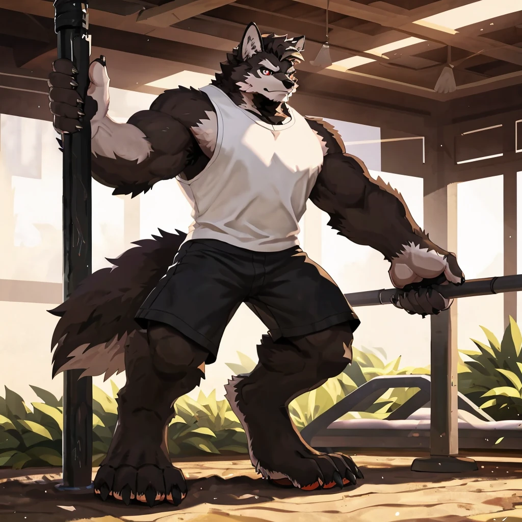 (Strong arms),(Strong legs),masterpiece, best quality, Official Art, Extremely detailed CG unified 8k wallpaper, Ultra Detailed, Best Illustration, , Ink fur, hairy male, Wolf Boy, hairy, Ink fur, 1 Boy,, male focus,, Striped hair, Wolf ears, Animal ears, Single speaker, Ink fur, Bangs, dark hair, White highlights, Medium Hair, Solitary, Ink tail,hairy尾巴,(Black pupil),High target,(In a school playground),,barefoot,(Sexy),((High target and strong)),side,(Delicate eyes:1.2),Inky eyes,male,Solitary,(Inky pupils),(Detailed face),(Sharp eyes),Permanent,(Detailed hands),(Foot details),aldult,type,Moderate,Long legs,(Detailed fingers),(Delicate eyes),(White shirt),(Black shorts),easy,