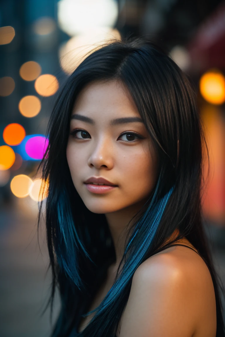 arafed woman with long black hair with blue high lighs sitting on the beach, flowing black hair, with black hair (((with blue high lights))), photo of a beautiful woman, long flowing blck hair, pink golden hour, curly black hair, beautiful young asian woman, beautiful asian woman, wild ginger hair, pink wispy hair, light pink hair, a young asian woman, an asian woman, infp young woman, Portrait photo of a 24-year-old french girl in RAW UHD format (Brown-eyed woman) Walk down the dark alley, night city, Details (textures! , Hair! , glistering, Color!! , imperfections: 1.1), highly detailed glossy eyes (looking at the camera), DSLR Lighting, SLR camera, Ultra-Quality, sharpness, Depth of field, Film grain (Downtown), Fujifilm XT3, Crystal clear, Frame Center, beatiful face, sharp-focus, neon lighting, bokeh (dimly lit), night time, (night sky), detailed skin pores, oilly skin, suntan, Complex eye details