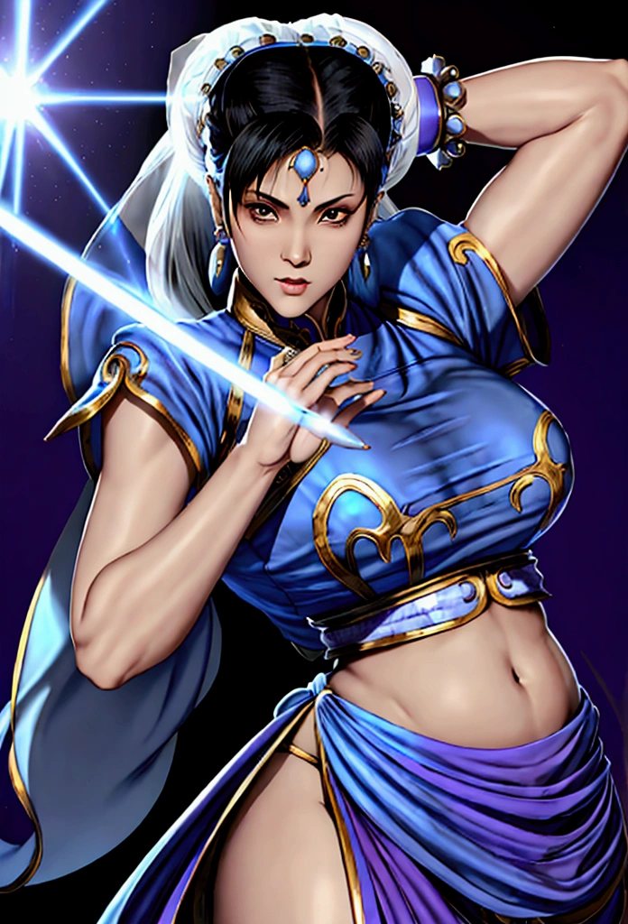 Chunli with blue turban headdress,She's wearing a belly dancing dress and she's holding a laser sword, A purple veil covers her face