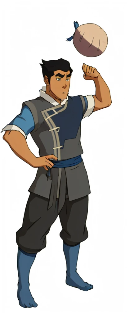 African-American, Bolin, water tribe traditional clothing mixed of blue and purple, with fur in shoulders and neck. Long sleeve, skinny, water tribe outfit.