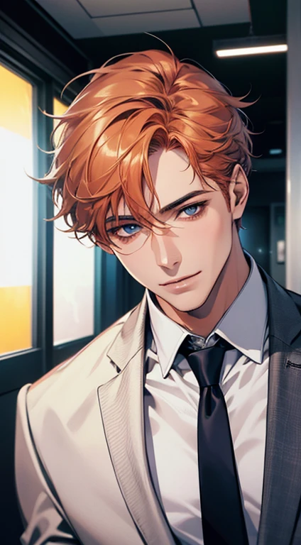 (Highest quality,4K,8K,High resolution,masterpiece:1.2),Super detailed,(Realistic,photoRealistic,photo-Realistic:1.37),1 person,31 years old,Mature Men,Beautiful skin, very handsome,Expressionless,smile in love,Short gray orange hair,blue eyes,Sharp Eyes,A perfect face without a doubt,Businessman, CEO,Office Background,Cinema Lighting,HDR image,tie、