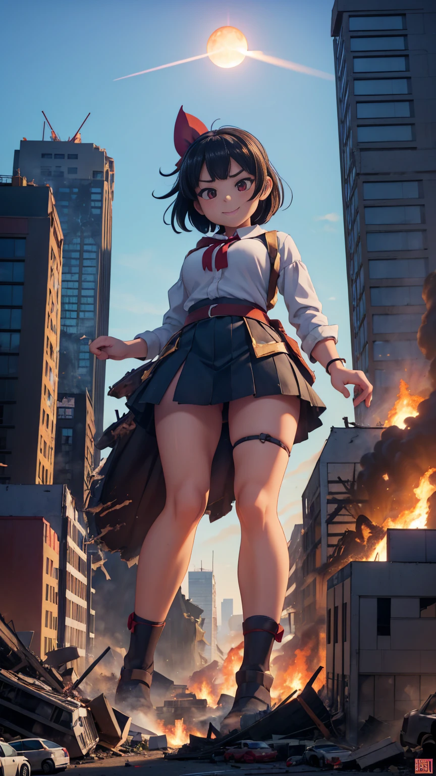 (Giantess Elements、High resolution、High resolution、high quality、accurate body structure、Detailed body)Towering Giant Girl, 50,000 feet high、Looking up at the approaching woman from below、Giants attack the city、Cute Woman、Destroy a small town淫乱な女性、Destroy a small town、Mischievous look、high school girl、White shirt、Check skirt、ribbon、Glowing Skin、Giantess、smile、Trampling buildings、rubble、Burning Small Town、Destroyed small building、Collapsed highway、Cars are crushed、Residents evacuated、sunset、Burning Small Town、go ahead、walk、Trampling、Anatomically correct、Accurate human body、Accurate skeleton、Full body portrait、Bob Hair、Black Hair、Red eyes、足元に散らばるrubble、Higher than skyscrapers、Big impact、amazing、Giantess Elements、Draw a woman in a big way、Increase the destructive element、Making cities smaller