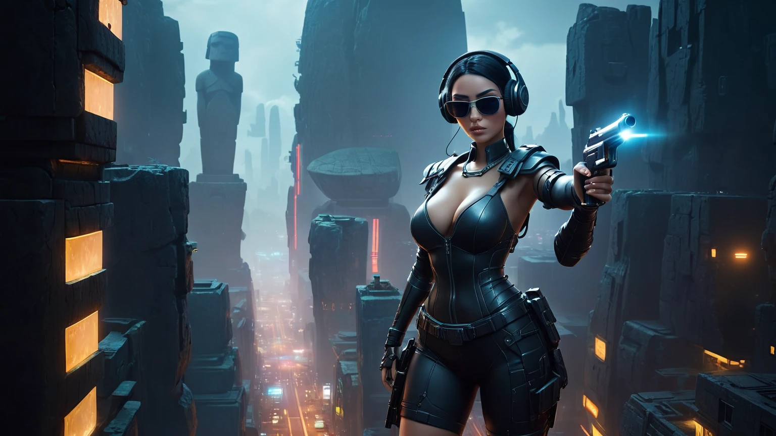 At night, dark sky, distant shot aerial view of fantasy cyberpunk style ((Moai-statue)) city, ((flying vehicle)). ((1girl, solo, alone)), medium-breast:1.1 slim body, cleavage, sexy clothes, (headphone, black sunglasses, long black realistic hair), (((hip-up standing and holding pistol))), half-body thigh level medium shot, cinematic lighting.