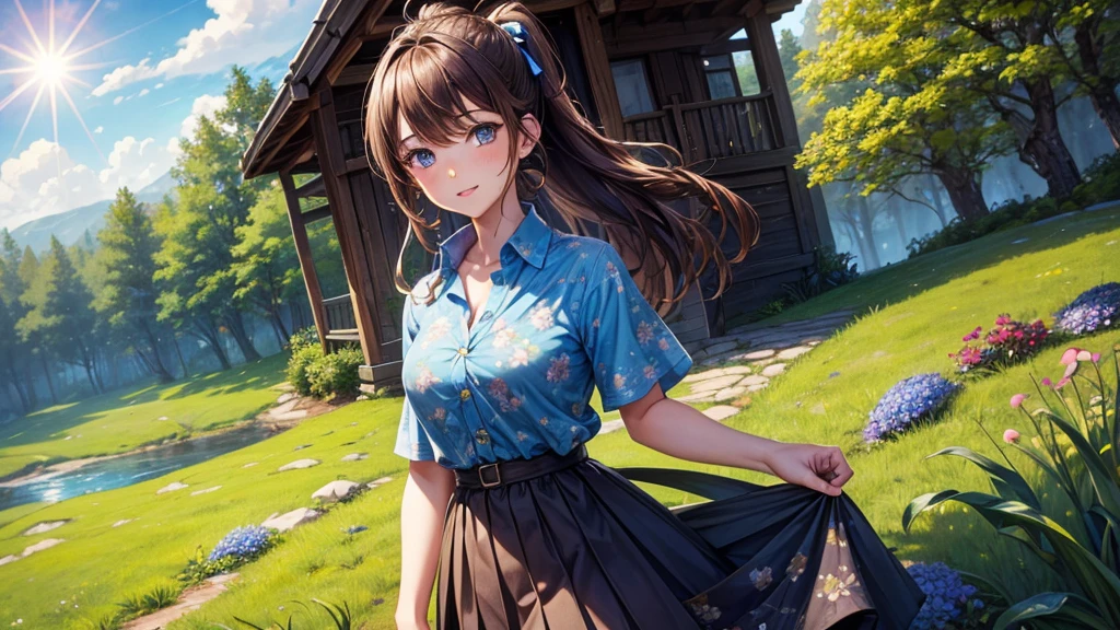 1girl, solo, rural landscape, stream, trees, sun, clouds, fantasy, hut, mushroom, path, brown hair, ponytail, long hair, large breasts, button down shirt, ((blue floral pattern shirt)), ((short sleeved shirt)), ((unbuttoned shirt)), unbuttoning buttons, cleavage 1:3, blue eyes, dark skirt, brown shoes, smile, looking at the viewer, standing, hair ribbon, golden necklate, glowing eyes, parted lips