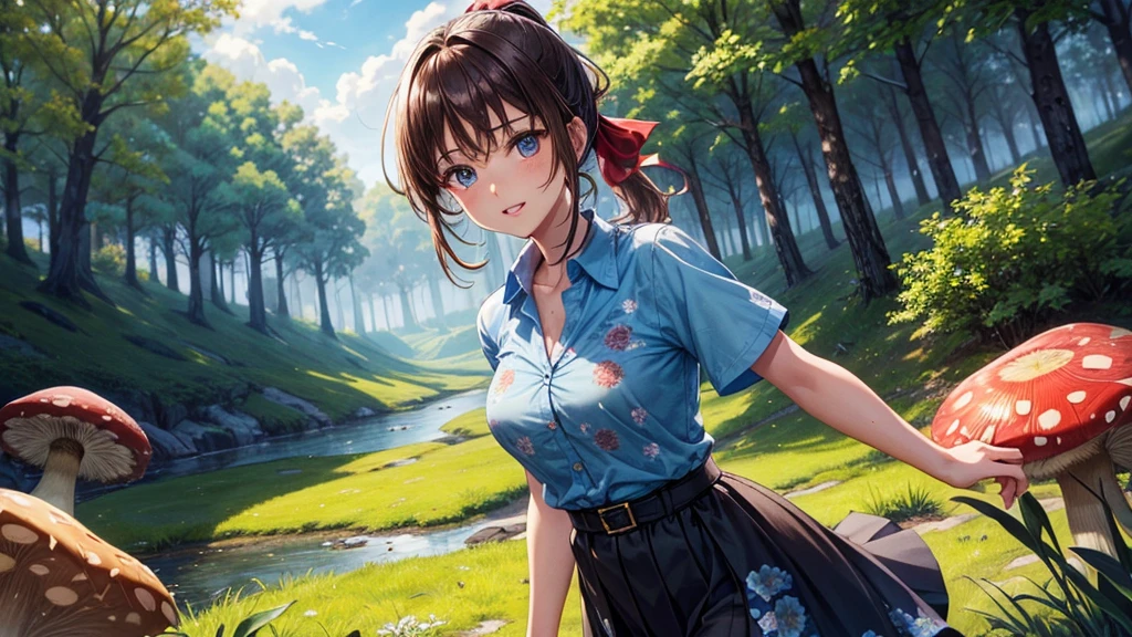 1girl, solo, rural landscape, stream, trees, sun, clouds, fantasy, hut, mushroom, path, brown hair, ponytail, long hair, large breasts, button down shirt, ((blue floral pattern shirt)), ((short sleeved shirt)), ((unbuttoned shirt)), unbuttoning buttons, cleavage 1:3, blue eyes, dark skirt, brown shoes, smile, looking at the viewer, standing, hair ribbon, golden necklate, glowing eyes, parted lips