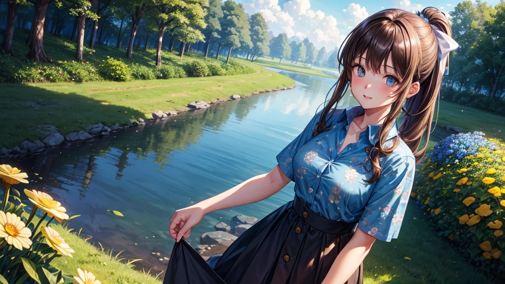 1girl, solo, rural landscape, stream, trees, sun, clouds, fantasy, hut, mushroom, path, brown hair, ponytail, long hair, large breasts, button down shirt, ((blue floral pattern shirt)), ((short sleeved shirt)), ((unbuttoned shirt)), unbuttoning buttons, cleavage 1:3, blue eyes, dark skirt, brown shoes, smile, looking at the viewer, standing, hair ribbon, golden necklate, glowing eyes, parted lips
