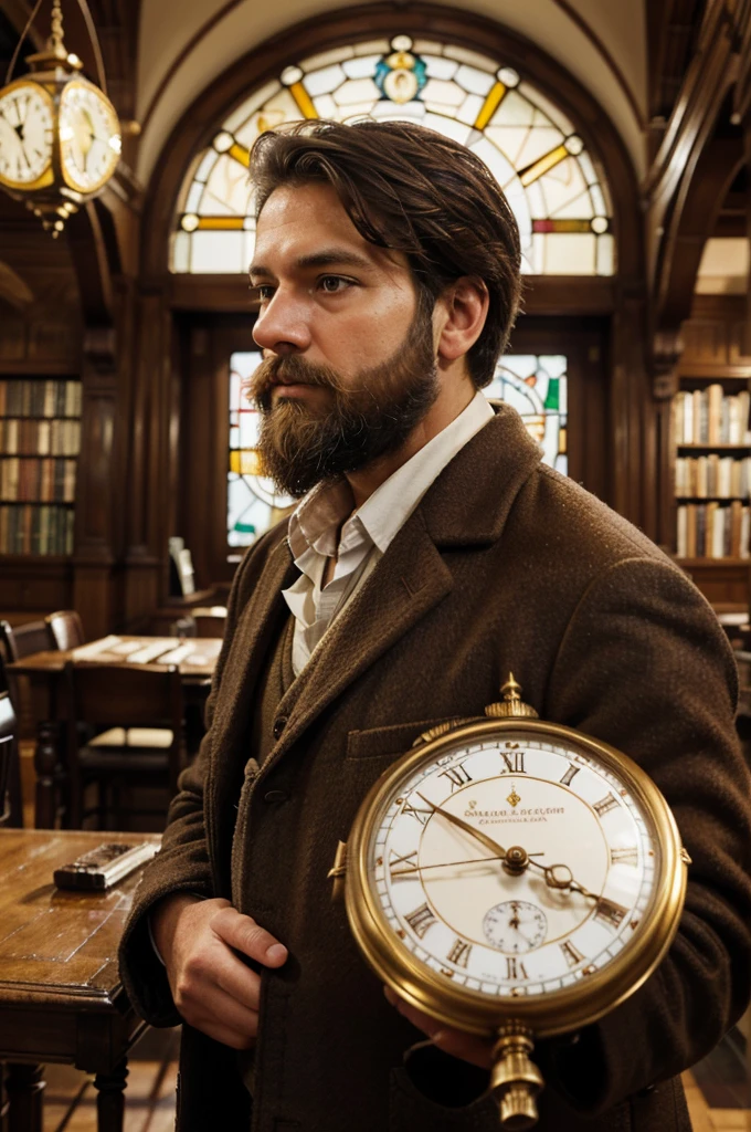 Realistic photography Image, A man in a brown coat and white shirt, neat beard, focussed repair the old antique clock, surrounded by antique clocks on the table and timepieces in an ornate, stained-glass library setting, in the style of Peter Henlein face, delicate modeling, his face and full body is clearly visible, glittery and shiny, HDR, dynamic pose, 32K, photo pose taken from front side, sharp focus, illustration, detail and lively environment, soft light