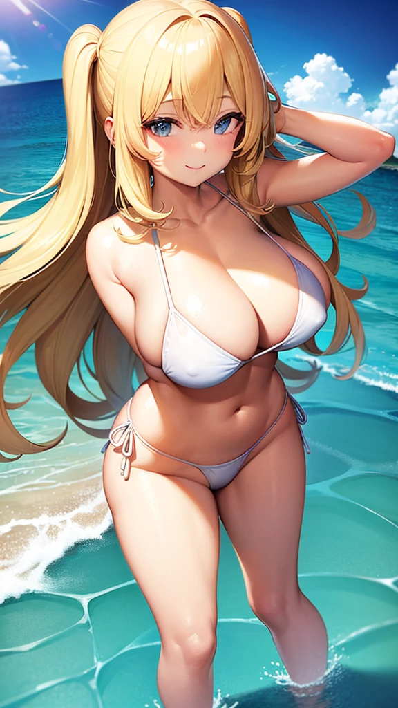 Girl, Big Breasts, Blonde, Long hair, white bikini, Smile, Ocean, full body,