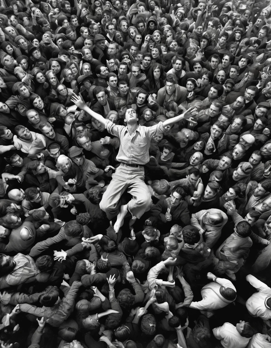 Create a photojournalism style image of a large crowd seen from above, with one man in the spotlight, levitating from the middle of the crowd, and glowing brightly, featuring (((intricate details))), (((best quality))), (((extremely detailed quality))), and (((complex composition)))." | Related artists: Henri Cartier-Bresson, Robert Capa, Dorothea Lange