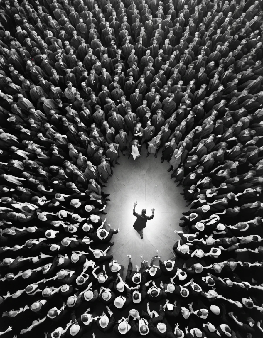 Create a photojournalism style image of a large crowd seen from above, with one man in the spotlight, levitating from the middle of the crowd, and glowing brightly, featuring (((intricate details))), (((best quality))), (((extremely detailed quality))), and (((complex composition)))." | Related artists: Henri Cartier-Bresson, Robert Capa, Dorothea Lange