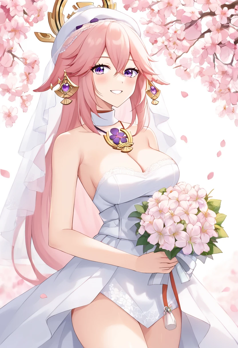 {
    "character": "Yae Miko from Genshin Impact",
    "setting": "outdoor, under falling cherry blossoms, wedding dress",
    "details": {
        "hair_color": "pink",
        "eye_color": "purple",
        "expression": "soft smile",
        "pose": "standing, holding a bouquet of flowers",
        "outfit": "white wedding dress, intricate lace details",
        "accessories": "white hat, floral hairpiece"
    },
    "style": "highly detailed, anime style, soft lighting, romantic atmosphere",
    "modifications": {
        "hair_color": ["pink"],
        "eye_color": ["purple"],
        "expression": ["soft smile"],
        "pose": ["standing"],
        "outfit": ["wedding dress"]
    }
}
