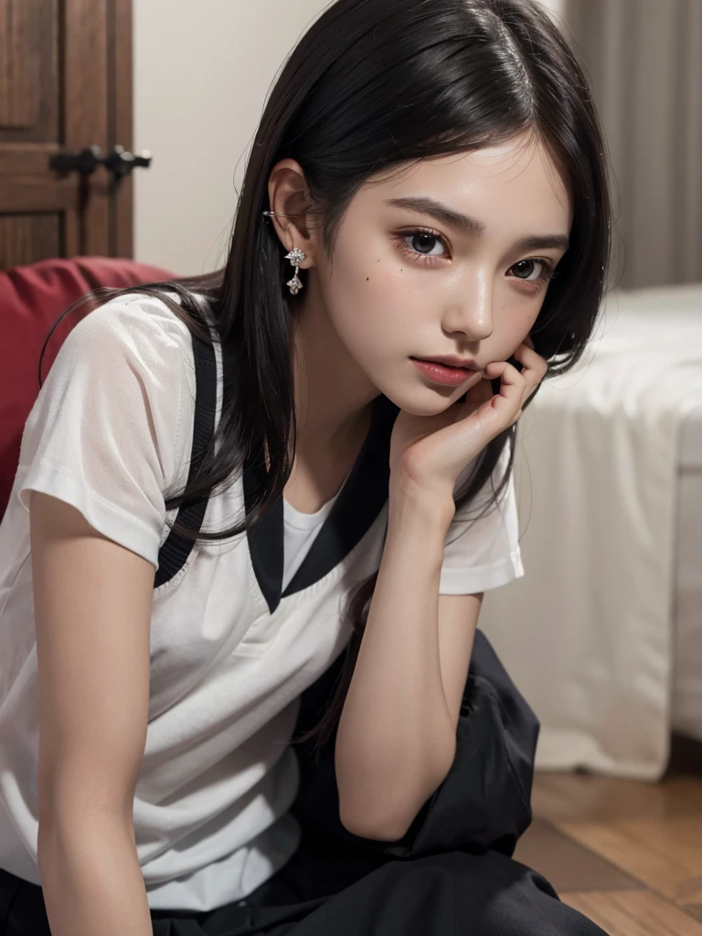 absurdres, RAW photo, extremely delicate and beautiful, masterpiece, Best Quality, ultra high resolution, 32k, hyperrealistic, ultra-detailed, perfect figure, in her 20s, very small head, very small face, delicate facial features, tearful mole, earring, huge breasts, legs, full body shot, medium hair, black hair, colored inner hair, sweat, school_uniform,